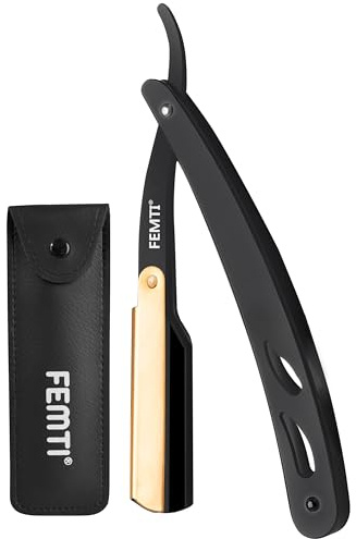 Femti Cut Throat Razor, Premium Quality Stainless Steel Straight Razor for Beard and Moustache Shaving, Cutthroat Razors Shavette Single Edge Razor, Barber Equipment for Professional (Black Gold)