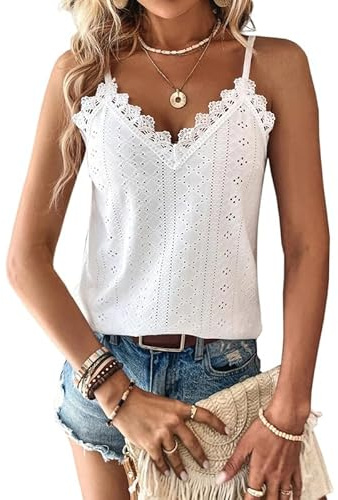 Haibang Vest Tops Women Lace Trim V Neck Ladies Summer Tops Tank Tops Sleeveless Spaghetti Strap Cami Top Eyelet Embroidery Camisole Loose Fit Blouse Shirt White