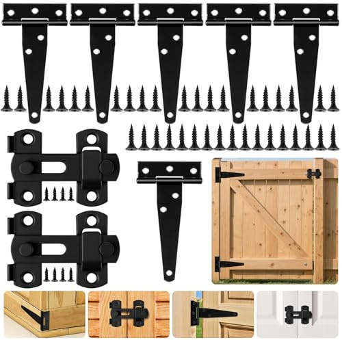 HOTUT 6 PZ Cerniere a T Resistenti Zincata Con 46 Viti e 2 Catenaccio Della Porta, Cerniera per Cancello Legno da 100 mm, T Antiruggin, Cerniera per Granaio per Carichi Pesanti Cancelli Finestre