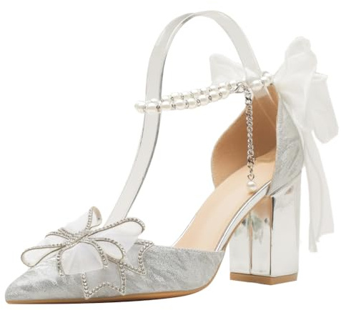 Wtharosa Scarpe da Sposa Donna Comfort Tacco A Blocco Punta Affusolata Scarpe da Sposa per Ricevimento E Festa Fodera Morbida Traspirante Suola Antiscivolo,Argento,34 EU