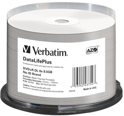 Verbatim DVD-R 8x Double Layer Wide Thermal Printable 8.5GB, DataLifePlus, 50er Pack Spindel, DVD Rohlinge thermal bedruckbar, 8-fache Brenngeschwindigkeit, DVD-R printable, DVD leer