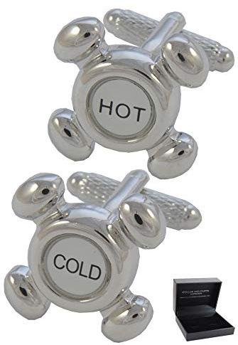 Boutons de Manchette - Avec Boîte - Pour Homme Bricolage - Robinets Chauds et Froids - Laiton - Couleur Argent et Noir - Plombier Plomberie Construction - Une Paire