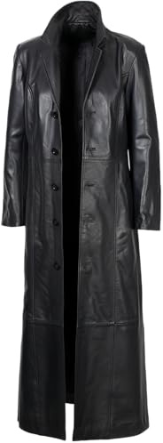 Black Leather Trench Coat Mens Real Lambskin Leather Duster Long Jacket Full Length Classic Overcoat Winter Outwear, XX-Large