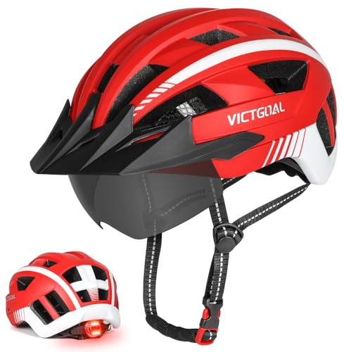 VICTGOAL Casco Bici per Uomini e Donne con luce LED Occhiali Magnetici Staccabili Visiera Rimovibile Caschi da Mountain Bike e Strada Dimensione Regolabile per Adulti (L: 57-61cm, Rosso)