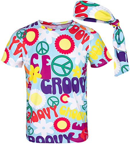 COSAVOROCK Herren 60er 70er Jahre Groovy Hippie Kostüm T-Shirts mit Stirnbänder (XL, Peace)