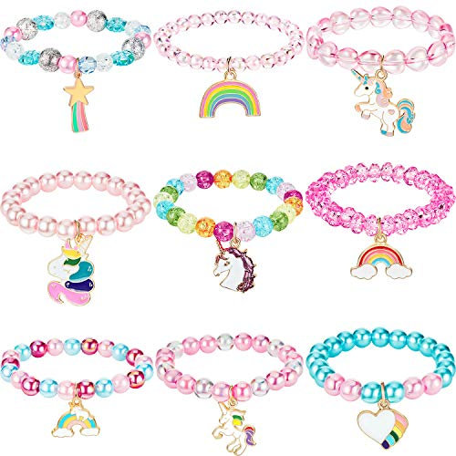 HICARER 9 Stück Bunte Einhorn Armband Mädchen Regenbogen Einhorn Perlen Armband für Geburtstagsfeier Gefälligkeiten (Perlen Stil)
