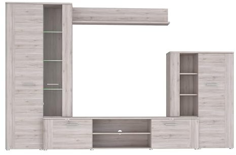 FORTE Big Bang Wohnwand mit 4 Türen und 1 Glastür, Holzwerkstoff, Sandeiche, 198 x 309 x 42 cm