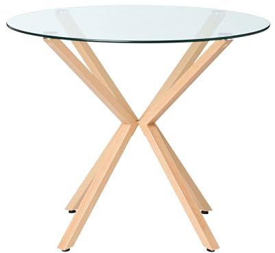 Tavolo da Pranzo Rotondo Piano in Vetro e Legno Chiaro e ø 90 cm
