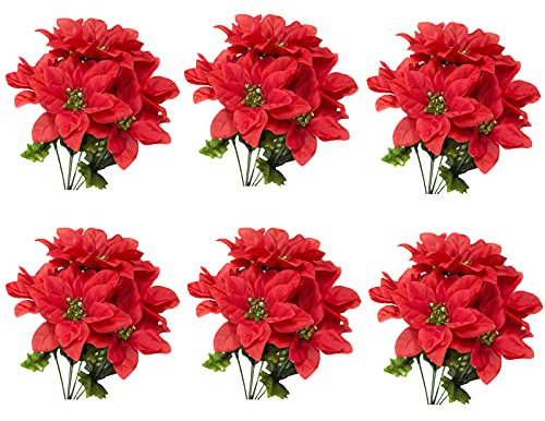 YHNHT 6 Stück Weihnachtssterne Blumen, Weihnachtsstern, Sträucher, Pflanzen, Weihnachtsstern, künstliche Blumen, Dekoration für den Innen- und Außenbereich