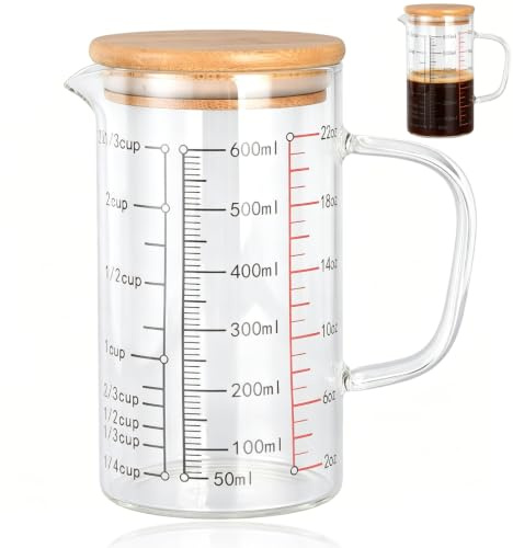 Cyrank 600Ml Messbecher Aus Glas mit Deckel, Leicht Ablesbar Mit 3 Messskalen (ml/oz/Tasse), Glasbehälter, Messbecher Küche Messbecher Glas Messbecher Cups, Measuring Cups Für Küche Oder Restaurant