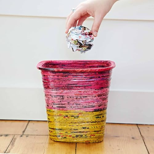 Cesta de papel reciclado para periódicos, colorida y única, hecha a mano, comercio justo y sostenible (rojo/rosa/amarillo)