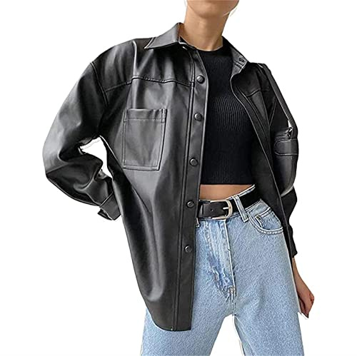 Sawmew Damen Lederhemd Retro PU Lederblazer Lederjacke Gotische Blusenjacke Langarm Einreiher Kunstleder Blusen Hemd Top (Color : Black, Size : M)