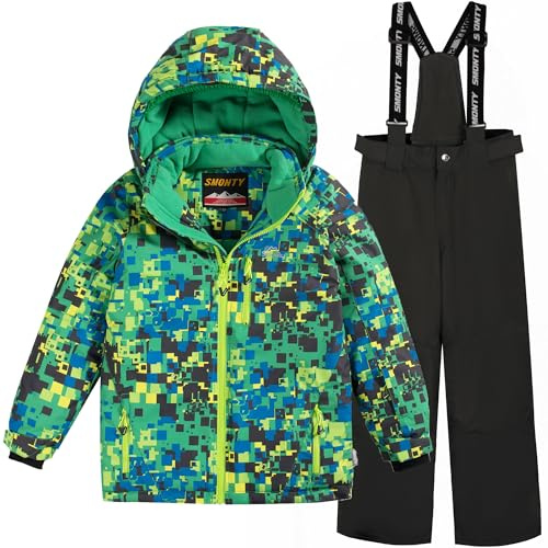 SMONTY Barn snödräkt vinter skidjacka och byxor set med huva remmar varm vattentät vindtät kappa, Färgglad grön, 6-7 años