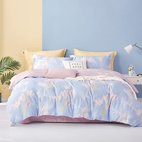 SAPHREAS Blue Pink Floral Duvet Cover Set 100% Cotton Single Size 2 Piece Girls Bedding Comforter Duvet Cover Set 1 Duvet Cover 1 Pillow Shams
