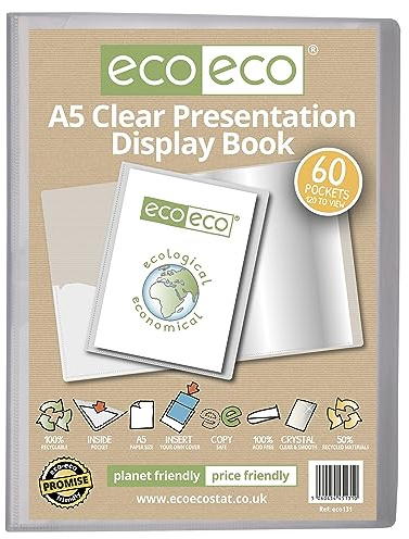 eco-eco Eco131 - Raccoglitore per presentazioni, formato A5, 50% riciclato, 60 tasche, trasparente, con buste in plastica