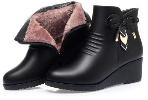 Women's Black Wedge Heel Ankle Booties Soft Leather Platform Side Zipper Sparkling Rhinestones Winter Warm Fur Lined Thickening Snow Boot (Black B,6,6,Women)