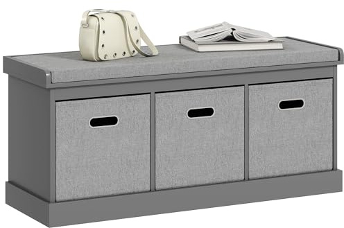HOMCOM Shoe Bench with 3 Fabric Baskets, Shoe Storage Bench with Seat Cushion, Shoe Cabinet for Entryway, Hallway, Living Room, Bedroom, Grey