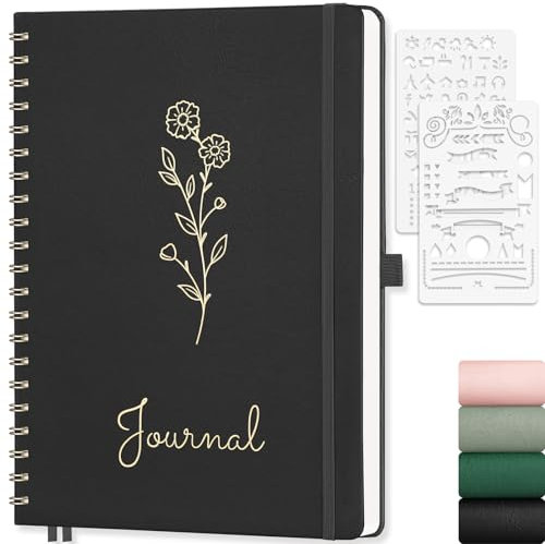 EMSHOI Spiral Dotted Journal Notebook, Leather Hardcover, 100 GSM Thick Paper, 5mm Dot Grid Notebook for Bullet Journaling, Planning, Sketching, Large A4(8.27x11.2) - Black