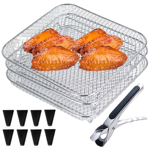 Air Fryer Shelf Air Fryer Rack Food Grade Stainless Steel 3 Layers Stackable Air Fryer Shelf with 8 Silicone Feet, 1 Tweezer and 1 Brush for Oven, Roasting Oven Airfryer Accessories Square