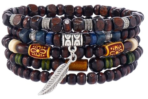 Eigso Unisexe 6 Pcs Mala Beaded bois bracelets pour femmes hommes Vintage tendance bohème bracelets pour femme homme