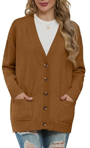 GRECERELLE Gilet en tricot pour femme - Manches longues - Col en V - Boutonnage - Oversize - Avec poche - Pour l'hiver, caramel, S
