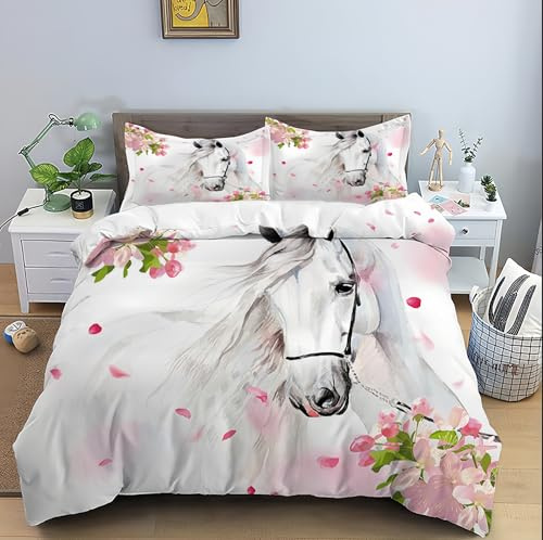 Rcxnm White Horse Bed Linen Set, 2-Piece, 135 x 200 cm Duvet Cover, 50 x 75 cm Pillowcase