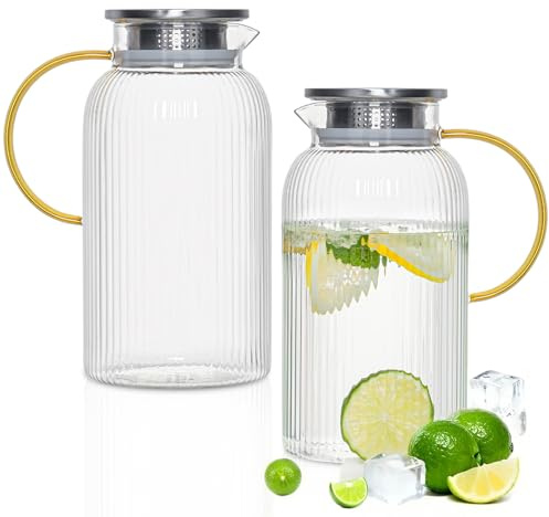 INSETLAN 2L Glass Pitcher with Lid and Spout, 2Pack Ribbed Glass Jugs with Handle, Borosilicate Glass Pitcher for Iced Tea, Juice, Lemonade - Modern Glass Carafe for Fridge or Table (Yellow Handle)