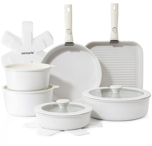 SENSARTE 17 Piece Pots and Pans Set, Nonstick Detachable Handle Cookware, Induction Kitchen Cookware Set with Removable Handle, Oven Safe (White)