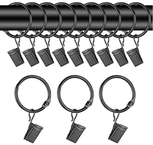 Anneaux Rideaux avec Pinces, 24 Anneaux pour Rideaux avec Clips pour tringles à Rideaux pour fenêtres, Portes et Rideaux de Douche, diamètre intérieur 32 mm (Noir)