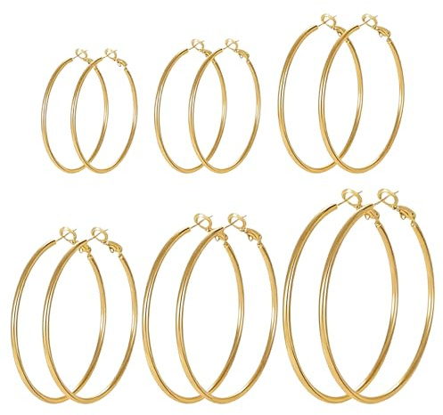 Lot de 6 paires de boucles d'oreilles créoles en acier inoxydable pour femmes et hommes (30 mm, 40 mm, 50 mm, 60 mm, 70 mm, 80 mm)