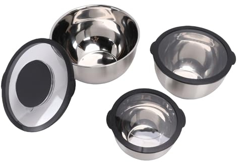 YUEHISY Juego de 3 Tazones para Mezclar Anidados, Tazones de Acero Inoxidable con Fondos de Silicona Antideslizantes y Tapas Herméticas y 3 Accesorios de Rallador para Cocina