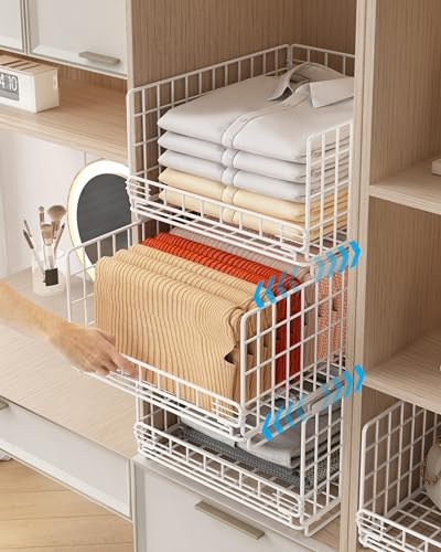 UMDONX 3 Pack Pull out Wardrobe Storage Organiser Stackable Clothes Drawer | Closet Clothing Shelf Basket, Durable Metal 50LBS Load White