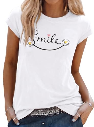 Aottori T Shirt Femme Col Rond Manches Courtes Imprimé Smile Marguerite | Haut Femme Été, Respirant Confortable, Chic Élégant, Quotidien, Bureau, Sortie, Vacances, Décontracté