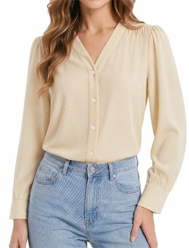 Enmain Womens Long Sleeve Blouse V Neck Chiffon Shirt Ladies Button Down Blouse for Office Casual