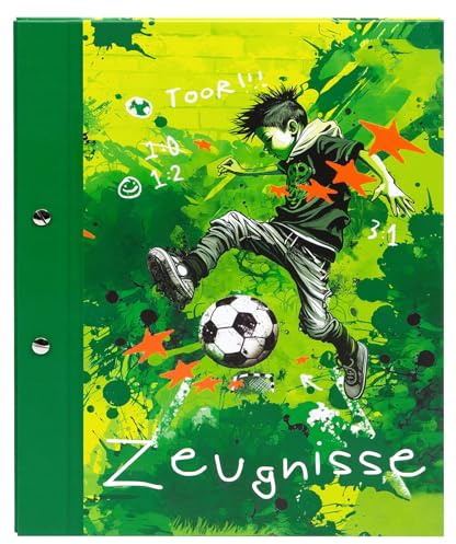 goldbuch 36 133 Stürmer Certificate Folder DIN A4 with Footballer Motif, Document Folder with Screw Closure and 12 Transparent Pockets, Art Print Cover, Approx. 24 x 31 x 1.5 cm, Green