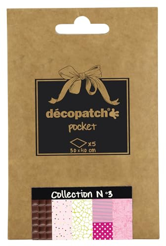 Decopatch DP003O - A pocket of 5 sheets of Decopatch Paper, Printed Paper, 30x40 cm, assorted patterns in pink tones.