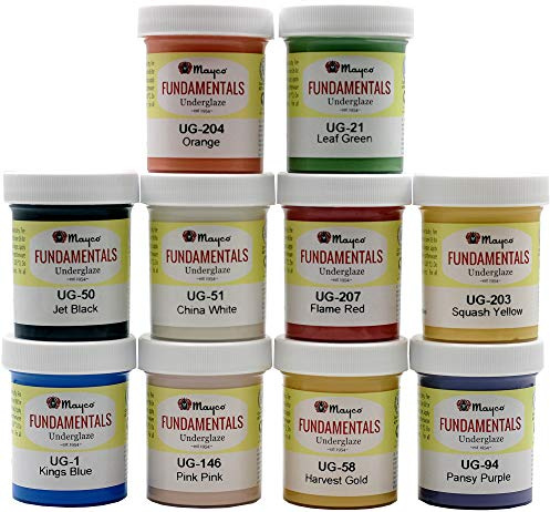 Mayco Underglaze Set 1 - Set of 10 - Assorted Colors in 2 Ounce Jars with Free How to Paint Bisque Book