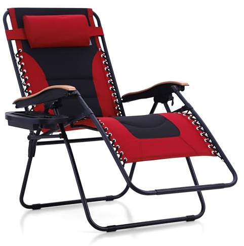 MFSTUDIO Zero Gravity Chairs, Oversized Patio Recliner Chair, Padded Folding Lawn Chair with Cup Holder Tray, Support 400lbs, Red