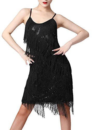20er Jahre Kleid Frauen Damen Vintage Retro Flapper Gatsby Glitzer Pailletten Fransenkleid 1920er Hochzeit Party Charleston Kostüm Spaghettiträger Sexy Minikleid Kurz Latein Tanzkleid Schwarz S