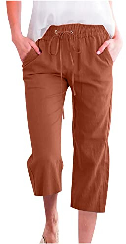 oglccg Womens Capris Trousers 3/4 Pants Cotton Linen Elastic High Waist Cropped Drawstring Summer Autumn Solid Color Pockets Loose Straight Wide Leg Outdoor Plus Size 8-18 Coffee XL