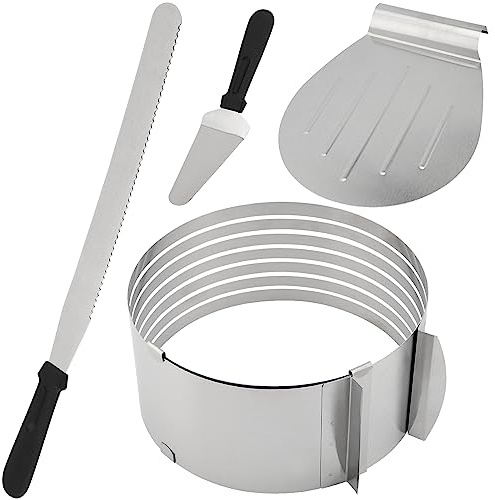 ZEONHEI 4 PCS Cake Making Supplies, 6 to 12 Inch Adjustable Cake Cutter Leveler and Stainless Steel Cake Ring Mold Set with 1 Cake Lifter and 1 Cake Cutting Knife, 7 Layer Cake Slicer Cutter