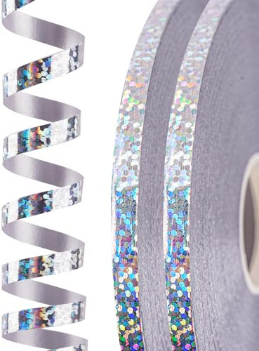 PartyWoo Ruban Laser Argenté, 120 Mètres/ 131 Yard Anneau Brillant Ballon Décoration pour Ballon Caps Emballage Cadeau Artisanat Décoration de Fête (2 Rouleaux, 60m/Roll)