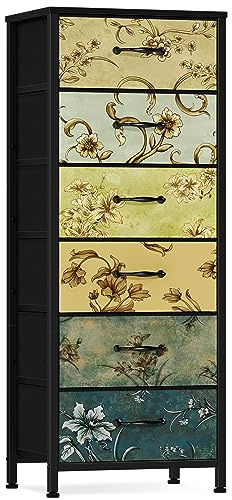 Furnulem Tall 6 Drawers Dresser, Vintage Storage Organizer Unit with Fabric Bins for Bedroom, Living Room, Closet, Nusery, Dorm, Entryway, Bedside Furniture, Sturdy Metal Frame, Wood Top
