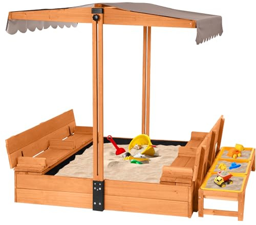 Wooden Sandbox with Cover | Large Sandpit for Kids Outdoor with Adjustable Canopy Backyard Play | w/Movable Toy Bins