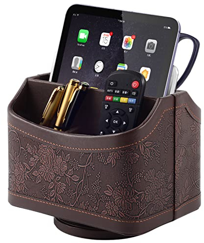 360° Drehbarer Fernbedienungshalter,TV fernbedienung aufbewahrung,PU Leder Fernbedienung Organizer mit 5 Fächer,Multifunktion Nachttisch Schreibtisch Organizer Büro Schreibtisch Stiftehalter,Retro