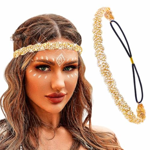 Fstrend Elastic Rhinestone Headbands, Carnival Rave Hair Accessories, Sparkly Crystal Braid Headpiece for Women (Gold, M)