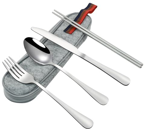 VANRA Bärbart resebestickset med resväska 4-delat rostfritt stål campingbestickset återanvändbara bestickset för arbete gaffel sked kniv ätpinnar för lunchlåda skola picknick (silver)
