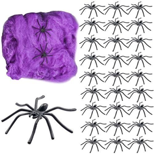 AYVRUOP Ragnatela Halloween,Zig Zag Ragni e Ragnatele,Ragnatela di Decorazione di Halloween,100g Ragnatela Viola e 30 Pezzi Ragni Neri Decorazioni di Halloween,Ragni Finti,Decorazione Horror