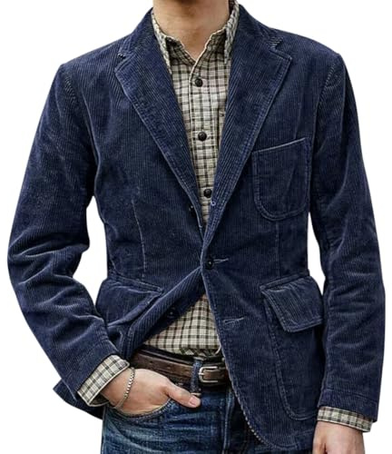 Oanviso Veste Vintage en Velours Côtelé pour Homme Coupe Ajustée Blazer à 2 Boutons Jacket Veste De Costume à Revers avec Bouton Veste A-Bleu XXL