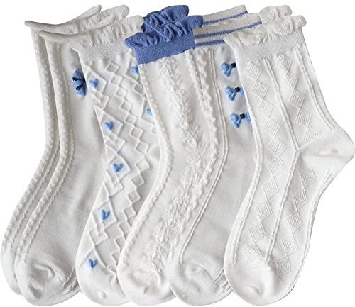 Glixoft 5 Paia di Calzini a Righe Bianche Calzini con Fiocco in Pizzo Calzini Stile Giapponese Accessori per Costumi Kawaii per Ragazze Donne Inverno Autunno